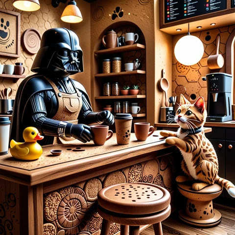 A Whimsical Cork Caf Run By Darth Vader, Who Wears A Ridicul... — SDXL AI Prompt: A whimsical cork café run by Darth Vader, who wears a ridiculous tan apron and s...