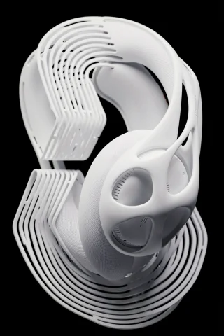 Two Interlocking U-shaped Figures Occupy The Center Of The I... — FLUX AI Prompt: Two interlocking U-shaped figures occupy the center of the image against a black...