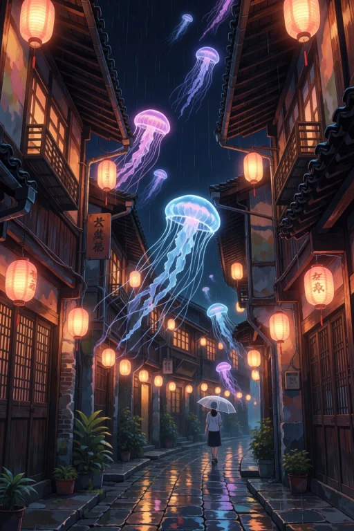 A Tall Vertical Composition. A Narrow Old Lane At Night, Lin...