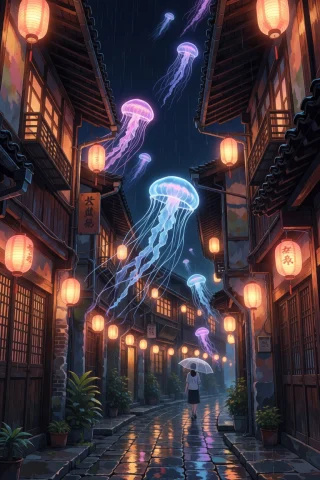 A Tall Vertical Composition. A Narrow Old Lane At Night, Lin... — Stable Diffusion AI Prompt: A tall vertical composition. A narrow old lane at night, lined on both sides by...