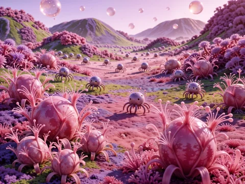 The Alien Landscape With Local Vegetation And Diverse Alien... — Stable Diffusion AI Prompt: The alien landscape with local vegetation and diverse alien life, foreign to hum...