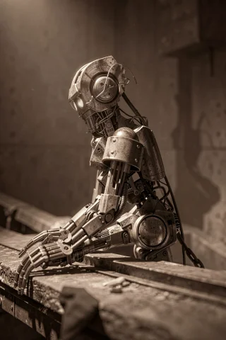 A Mechanical Robot Sits On A Surface, Angled Slightly Right... — FLUX AI Prompt: A mechanical robot sits on a surface, angled slightly right within the frame fro...