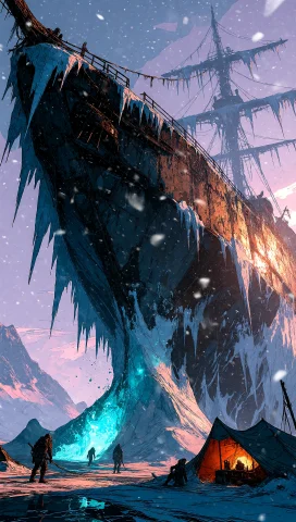 A Cinematic Wide Shot Of A Colossal Derelict Ark Ship Half-b... — Stable Diffusion AI Prompt: A cinematic wide shot of a colossal derelict ark ship half-buried in a glacier o...