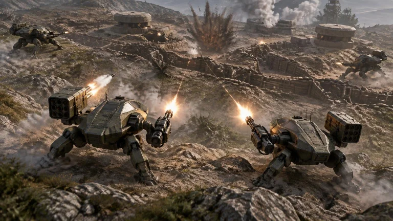 A Platoon Of Four Sci Fi Mech Walker, With Two Legs, Low Bod...