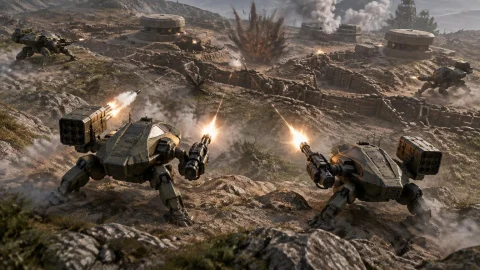 A Platoon Of Four Sci Fi Mech Walker, With Two Legs, Low Bod... — Stable Diffusion AI Prompt: a platoon of four sci fi mech walker, with two legs, low body, hull shaped like...