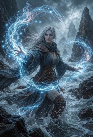 A Heroic Fantasy Painting Of A Female Mystical Spellcaster S... — Stable Diffusion AI Prompt: A heroic fantasy painting of a female mystical spellcaster standing knee-deep in...