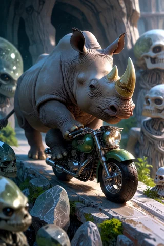 , A Breathtaking Macro Photograph Of A Cute Real Gray Rhino... — Stable Diffusion AI Prompt: , A breathtaking macro photograph of a cute real gray rhino riding a tiny motorc...