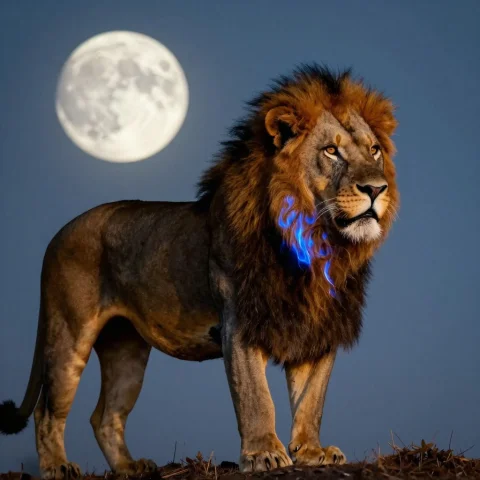 A Lion With A Mane Of Slow Blue Flame, Moonlight, Diagonal C... — Stable Diffusion AI Prompt: a lion with a mane of slow blue flame, moonlight, diagonal composition, sun-blea...