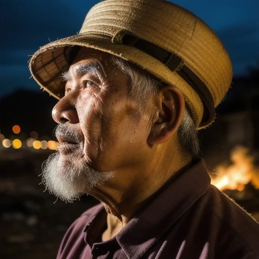 A Close-up Of A Vietnamese Old Mans Face, Illuminated By The...