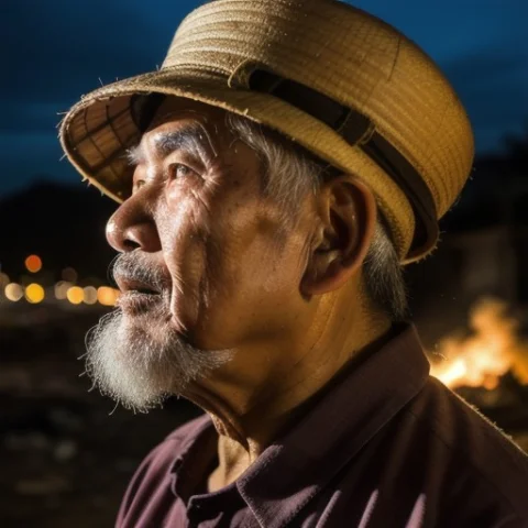 A Close-up Of A Vietnamese Old Mans Face, Illuminated By The... — Stable Diffusion AI Prompt: A close-up of a Vietnamese old man's face, illuminated by the light of a fire, w...