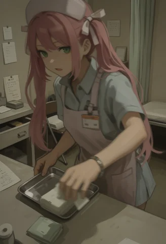 A Candid Amateur Photograph Of A Young Woman Nurse With Long... — Stable Diffusion AI Prompt: A candid amateur photograph of a young woman nurse with long pink hair tied into...