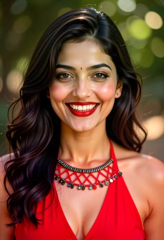 An 8k Close-up Fashion Photography Portrait Of A South Asian... — FLUX AI Prompt: An 8k close-up fashion photography portrait of a South Asian woman smiling warml...