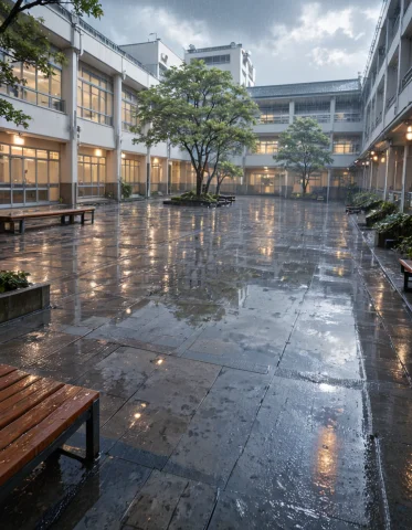 Loratraining2617621-20261003044110058-w06t1 Z1os, Anime Japa... — SDXL AI Prompt: z1os, anime Japanese school courtyard in the rain, large open paved courtyard b...