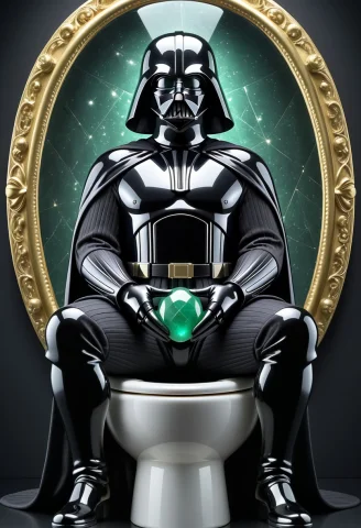 A Hilarious Parody Of The Mona Lisa, Darth Vader Sitting Ele... — SDXL AI Prompt: A hilarious parody of the Mona Lisa, Darth Vader sitting elegantly on a porcelai...