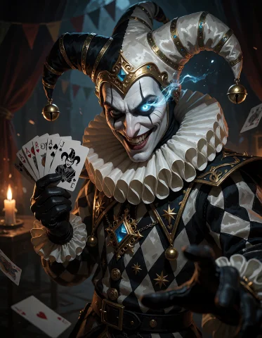 A Sinister, Malevolent Jester Character With A Dramatic, Mal... — Stable Diffusion AI Prompt: A sinister, malevolent jester character with a dramatic, malicious grin, staring...