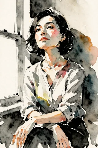 Colorfulink, A Young Woman In Her Thirties, Half-body Portra... — Stable Diffusion AI Prompt: colorfulink, a young woman in her thirties, half-body portrait, seated calmly ne...
