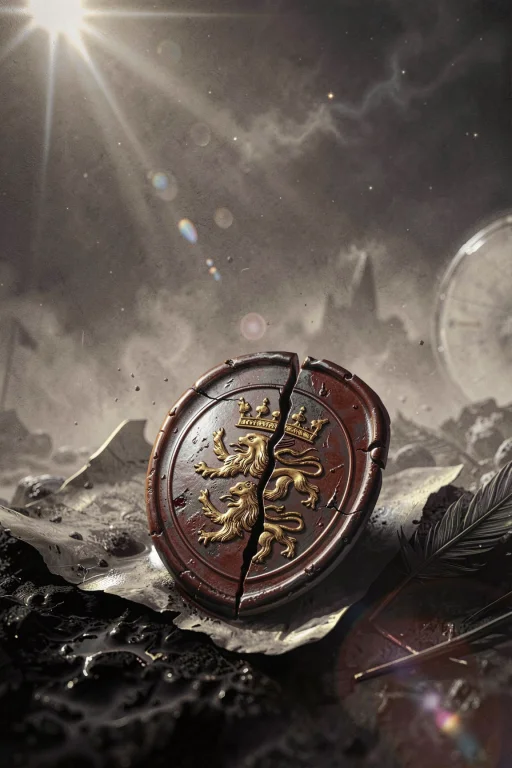A Broken Wax Seal With A Golden Lion Design Lies Centered On...