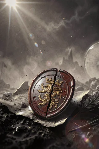A Broken Wax Seal With A Golden Lion Design Lies Centered On... — FLUX AI Prompt: A broken wax seal with a golden lion design lies centered on dark ground in the...