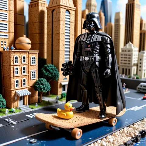 A Detailed Model Diorama Model Depicting Darth Vader On A Sk... — SDXL AI Prompt: A detailed model diorama model depicting darth vader on a skateboard holding a r...