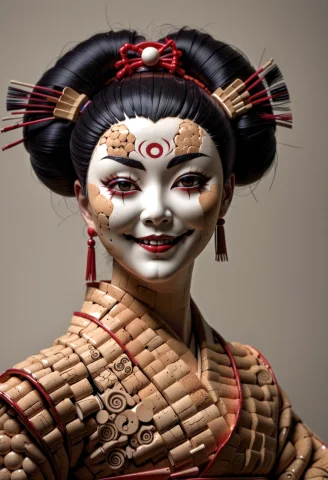 Made Of Cork, 1girl, Solo, Portrait, Kabuki Geisha Assassin,... — SDXL AI Prompt: made of cork, 1girl, solo, portrait, kabuki geisha assassin, evil smile, looking...