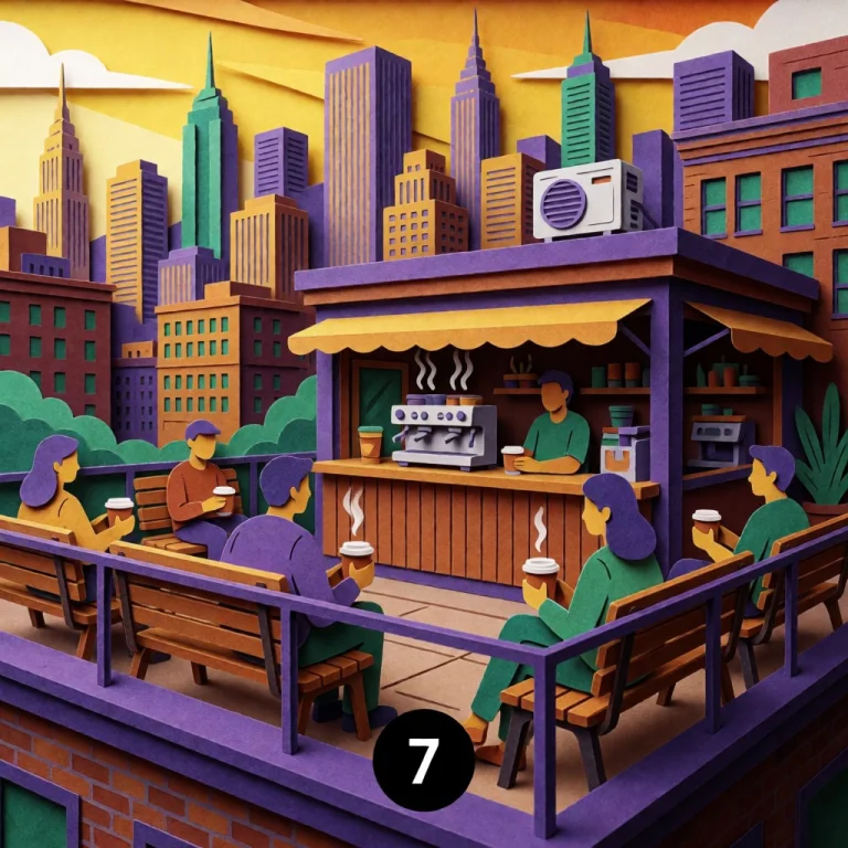 Vibrant 2d Paper-craft Illustration Of An Urban Rooftop Coff...