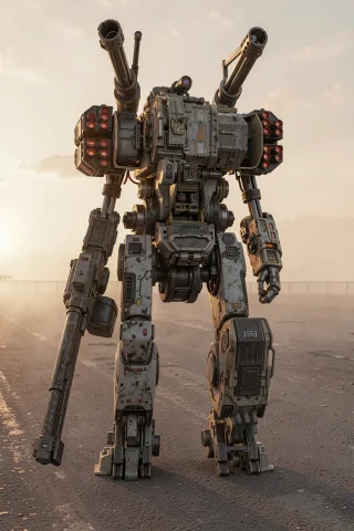A Bipedal Robot Stands Upright On An Asphalt Surface, Center... — FLUX AI Prompt: A bipedal robot stands upright on an asphalt surface, centered in the frame with...
