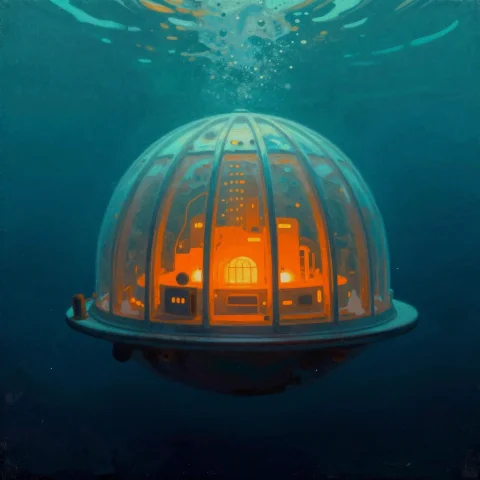 An Underwater Dome City Glowing In The Deep, Gouache Paintin... — Stable Diffusion AI Prompt: an underwater dome city glowing in the deep, gouache painting, dappled sunlight,...