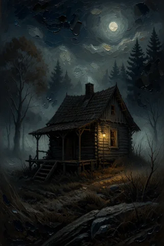 Modernrenaissance, Painterly Dark Fantasy Illustration Showi... — Stable Diffusion AI Prompt: modernrenaissance, Painterly dark fantasy illustration showing a lone cabin in a...