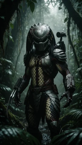 Photorealistic Cinematic Horror Image Of A Predator Standing... — Stable Diffusion AI Prompt: Photorealistic cinematic horror image of a Predator standing in a dense, misty j...