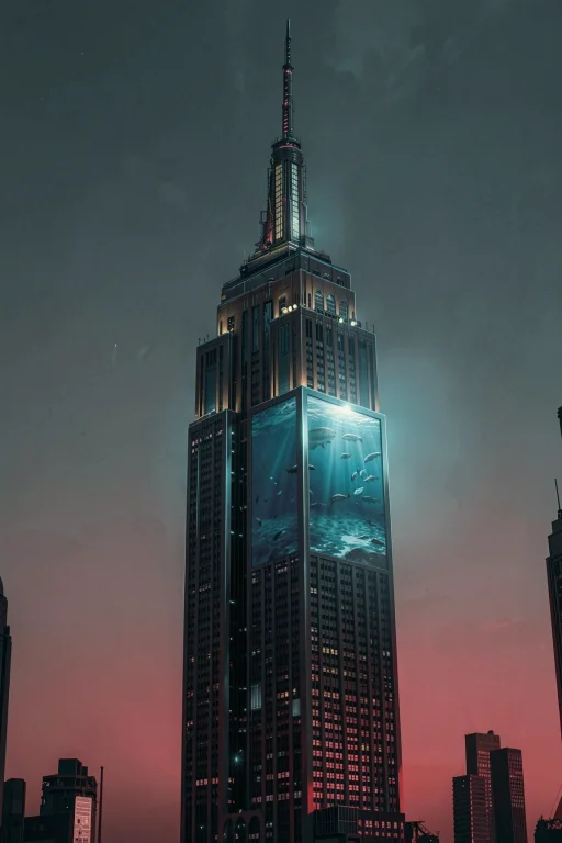 The Image Shows A Tall Skyscraper With Its Middle Section Di...