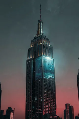 The Image Shows A Tall Skyscraper With Its Middle Section Di... — FLUX AI Prompt: The image shows a tall skyscraper with its middle section displaying an underwat...