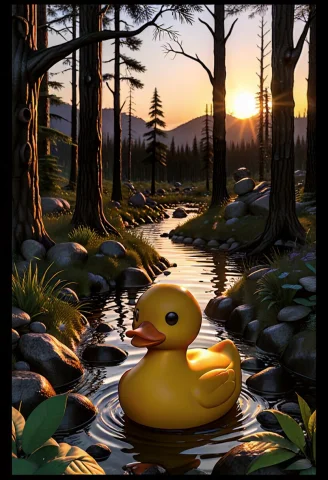 A 3dm Rubber Duck In The Forest At Sunset, Black Borders, Bl... — SDXL AI Prompt: a 3dm rubber duck In the forest at sunset, black borders, black lines,