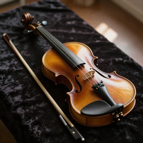 A Violin And Bow Laid On A Velvet Cloth, Candid Photograph,... — Stable Diffusion AI Prompt: a violin and bow laid on a velvet cloth, candid photograph, at sunrise, cinemati...
