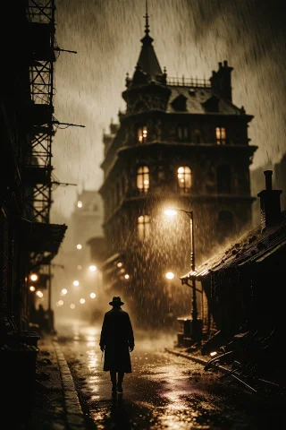 This Is A Dark, Moody Photograph Depicting A Solitary Figure... — Stable Diffusion AI Prompt: This is a dark, moody photograph depicting a solitary figure walking down a rain...