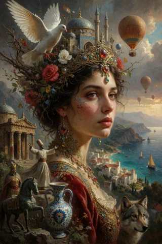 A Hyper-realistic, Surreal Portrait Of A Young Woman With Da... — Stable Diffusion AI Prompt: {A hyper-realistic, surreal portrait of a young woman with dark hair and express...