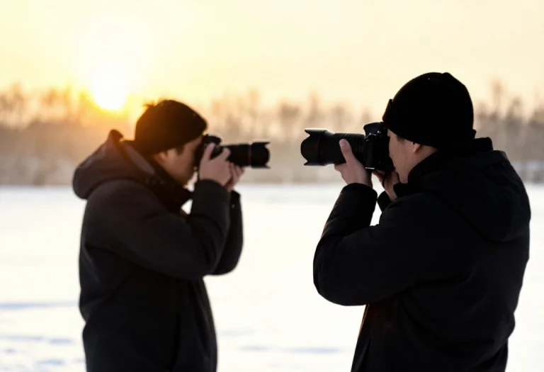 A Photographer Framing A Shot At Golden Hour, Watercolor Pai...