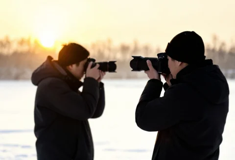 A Photographer Framing A Shot At Golden Hour, Watercolor Pai... — Stable Diffusion AI Prompt: a photographer framing a shot at golden hour, watercolor painting, harsh midday...
