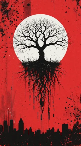 Black Silhouette Floating Leafless Tree, Dripping Glitch Art... — Stable Diffusion AI Prompt: black silhouette floating leafless tree, dripping glitch artifact roots, stark w...