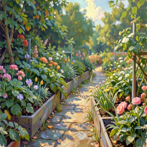 A Garden Path Winding Between Herb Beds, Impressionist Style... — Stable Diffusion AI Prompt: a garden path winding between herb beds, impressionist style, soft diffused ligh...
