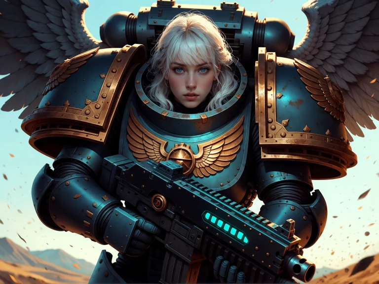 Blonde Woman In Blue Gold Power Armor With Wings Holding Rif...