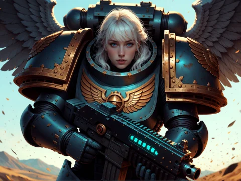 Blonde Woman In Blue Gold Power Armor With Wings Holding Rif... — Stable Diffusion AI Prompt: blonde woman in blue gold power armor with wings holding rifle desert background...