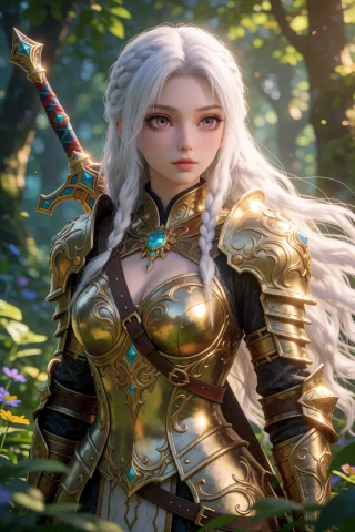 Semi-realistic Medium Shot Of A Beautiful Young Female Warri... — Stable Diffusion AI Prompt: Semi-realistic medium shot of a beautiful young female warrior with long flowing...
