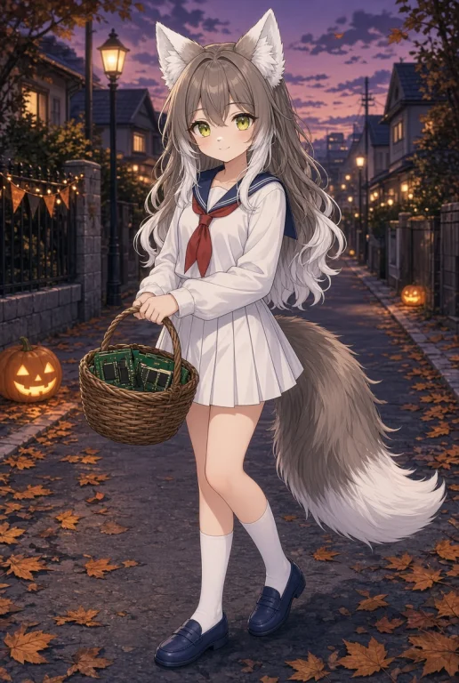 Cute Anime Arctic Fox Girl Pesets, Long Wavy Ash-brown Hair...