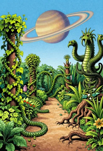 Wild Serpentine Creepers And Hydra-headed Rooted Plants Over... — Stable Diffusion AI Prompt: Wild serpentine creepers and hydra-headed rooted plants overtake a path in the r...