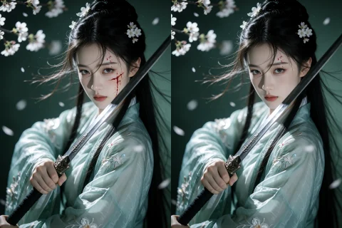去掉选框内图一角色脸部的血迹 — Stable Diffusion AI Prompt: 去掉选框内图一角色脸部的血迹