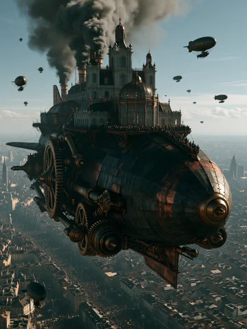 Dcst3ampunk. Viewed From A High Aerial Perspective, An Immen... — Stable Diffusion AI Prompt: DCST3AMPUNK. Viewed from a high aerial perspective, an immense flying vessel dom...