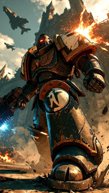 A Low-angle Cinematic Shot Of A Power-armored Space Marine M...
