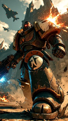 A Low-angle Cinematic Shot Of A Power-armored Space Marine M... — Stable Diffusion AI Prompt: A low-angle cinematic shot of a power-armored space marine mid-charge across a s...
