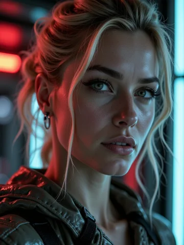 3d3nsh1p, R34ct0r, Close-up Of A Blonde Low Up-do Haired Wom... — Stable Diffusion AI Prompt: 3d3nsh1p, r34ct0r, close-up of a blonde low up-do haired woman's face, highly de...