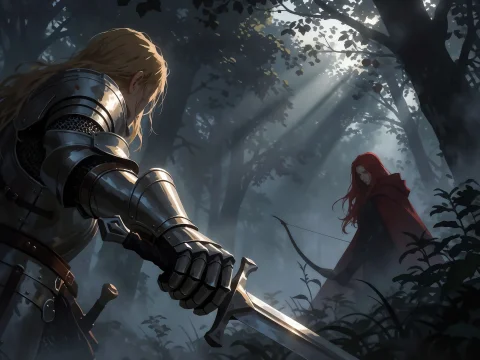 Blonde Knight Facing Redhead Archer In Red Cloak Misty Fores... — Stable Diffusion AI Prompt: 🏹 blonde knight facing redhead archer in red cloak misty forest sunlight rays a...
